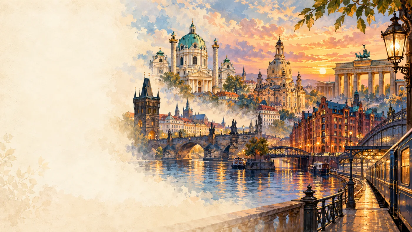 Illustrated European cityscape at sunset from the 2027 European Economic Experience presentation